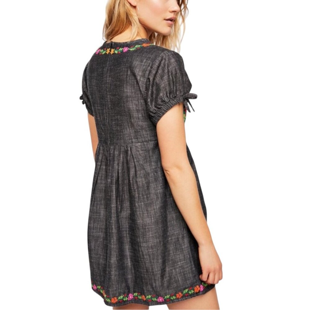 Free People Oaxaca Embroidered Chambray Mini Dress, Pockets, Gray, L - Picture 7 of 8